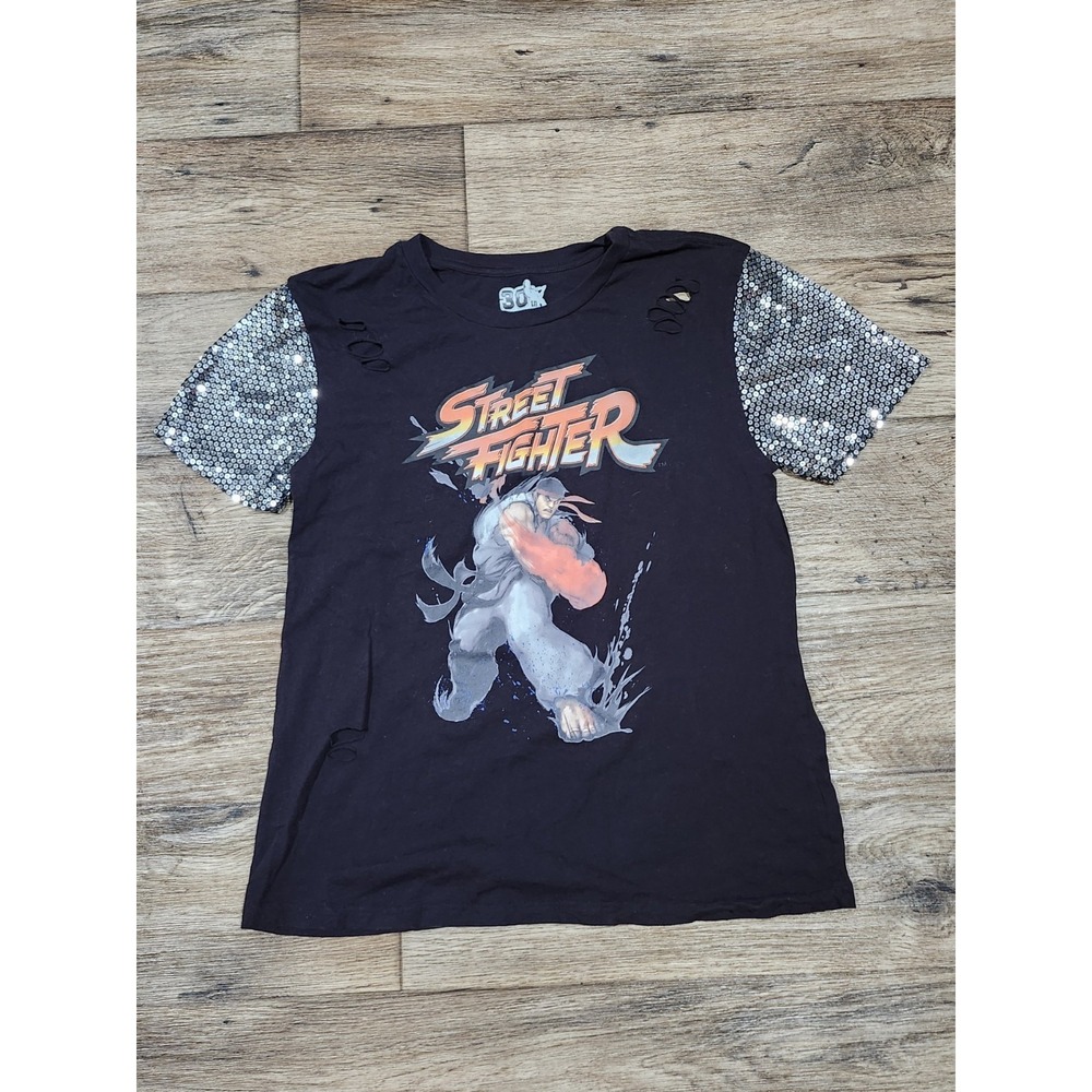 Street Fighter Ryu T shirt Shredded sparkle bedazzled 30th Anniversary disco M